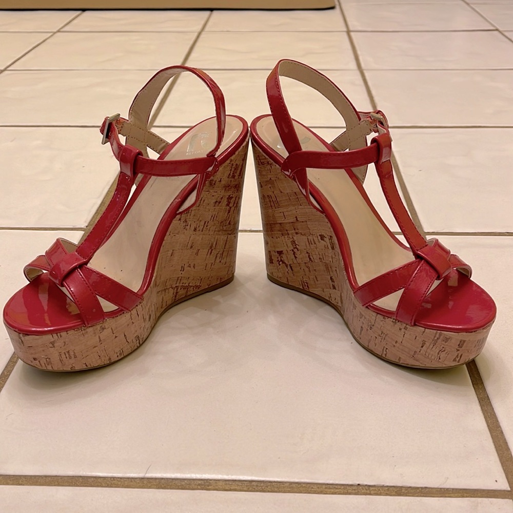 Report strapped red wedge cork heel sandal